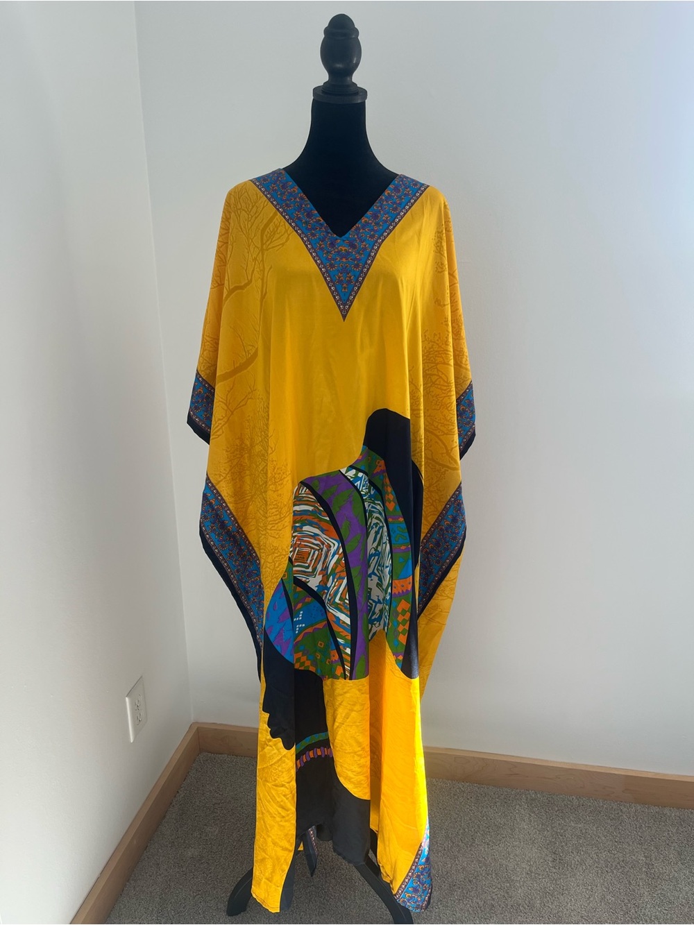 GODDESS Mustard Yellow African-Inspired Women’s Kaftan with Blue Floral V-Neck